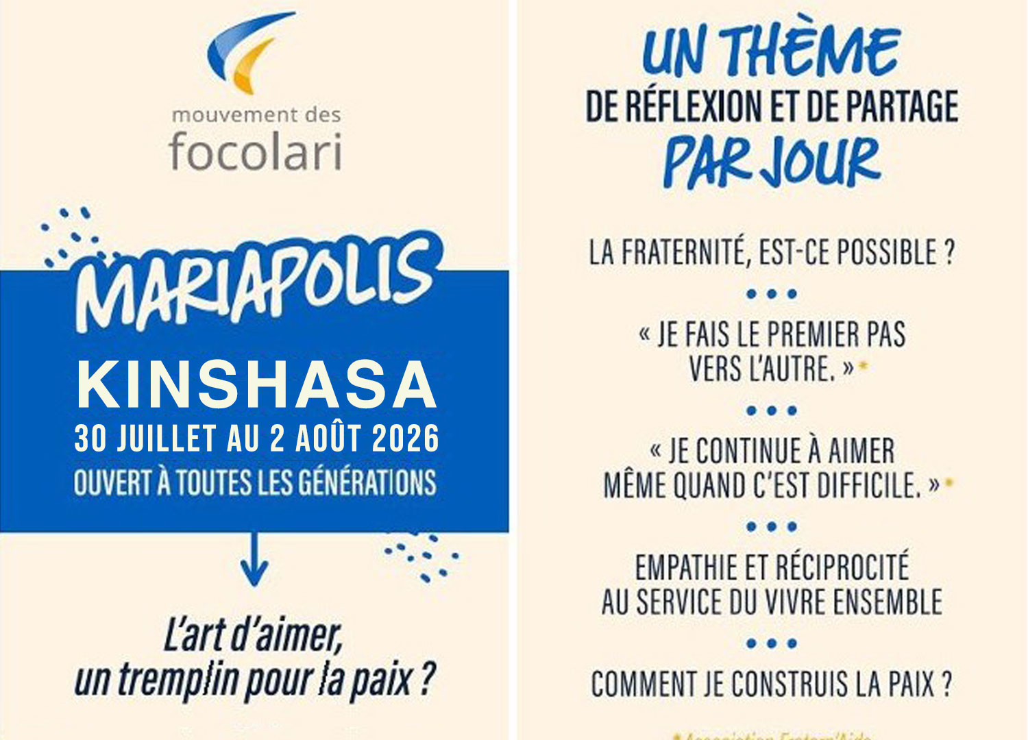 Mariapolis 2026 à Kinshasa : « Unité dans la diversité, c’est possible avec l’art d’aimer »